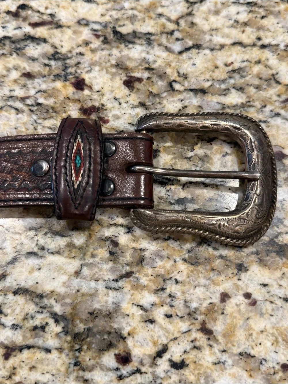 Western embroidered brown leather belt embossed silver decor 47”